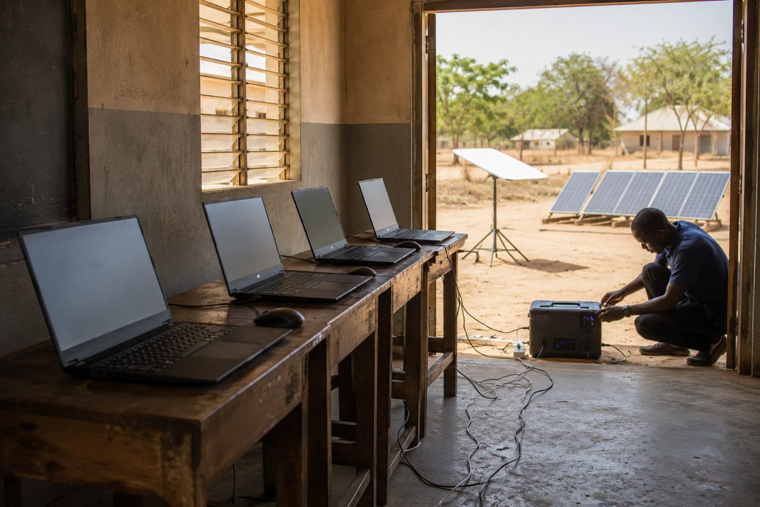 Laptops set up along a classroom bench while a technician connects a power station in the doorway, a satellite dish and solar panels standing in the yard outside.