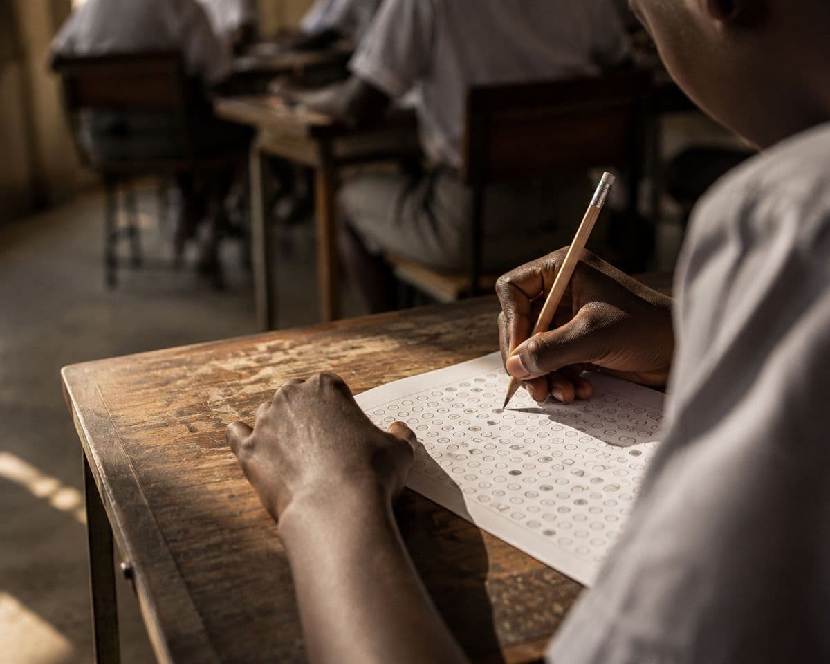 Close view of a student's hands, pencil in hand, shading answers onto a printed multiple-choice sheet at a wooden desk.