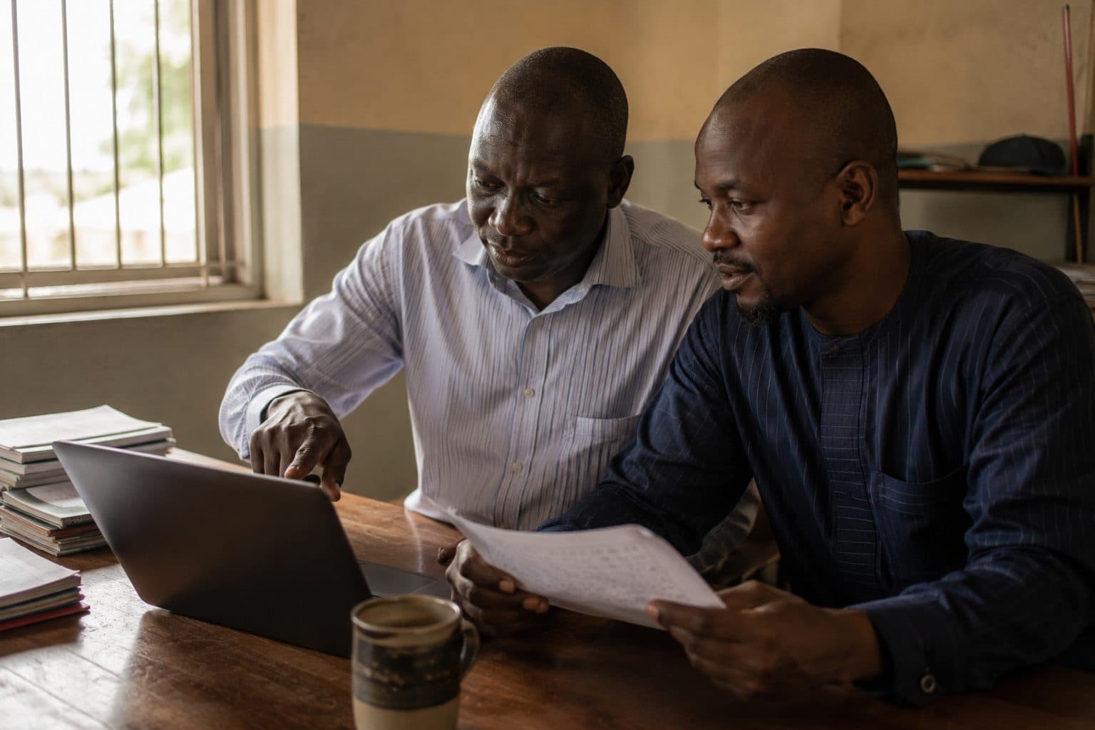 Two teachers at a laptop in a school office, one pointing at the screen while the other holds a completed answer sheet, going through the topic breakdown after marking.