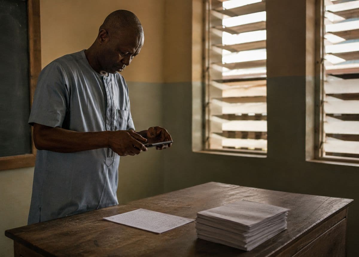 A teacher photographing a completed answer sheet with a smartphone, a tall stack of further sheets beside him.